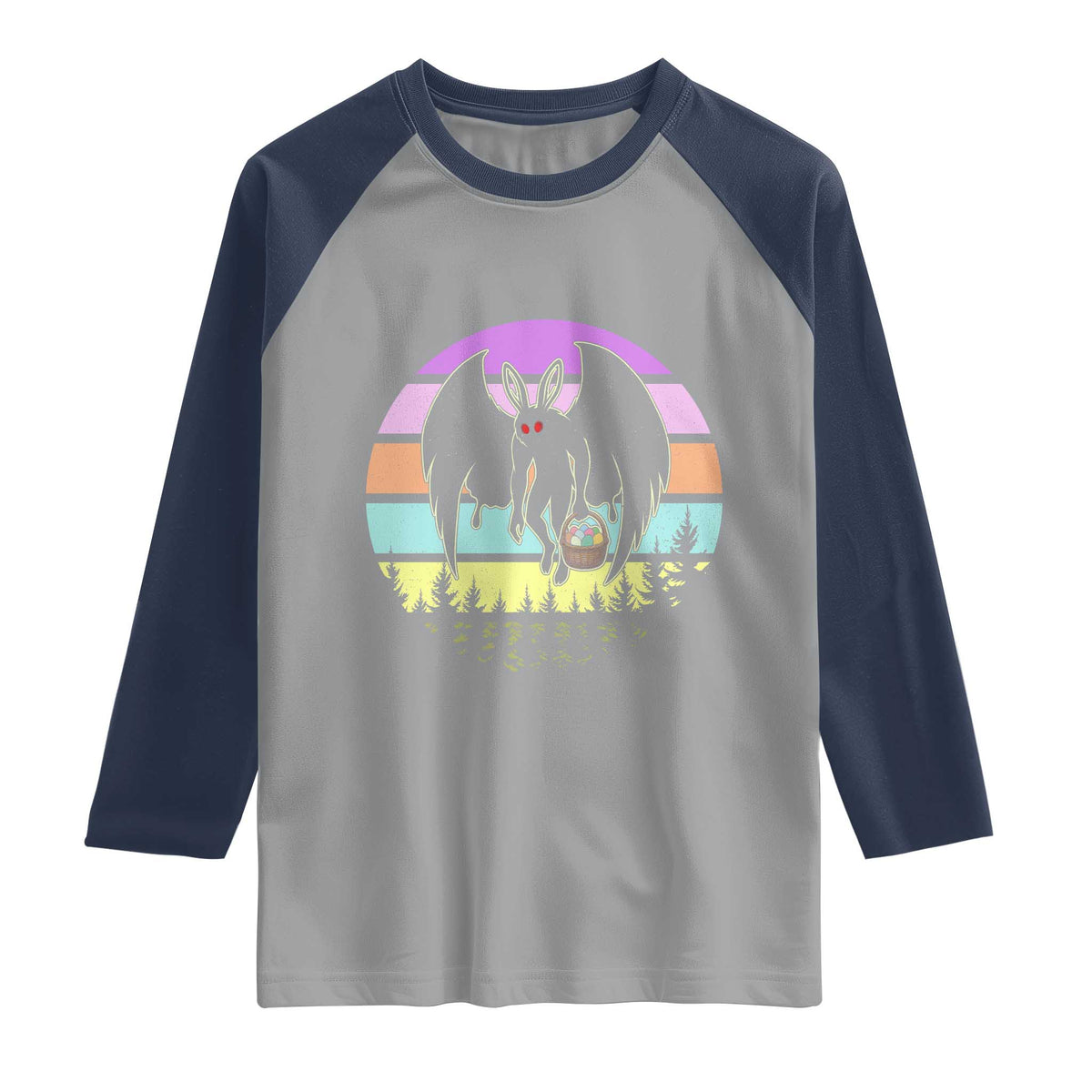Retro Sunset Mothman Easter Egg Hunt Raglan Shirt Cryptid Lover Gift