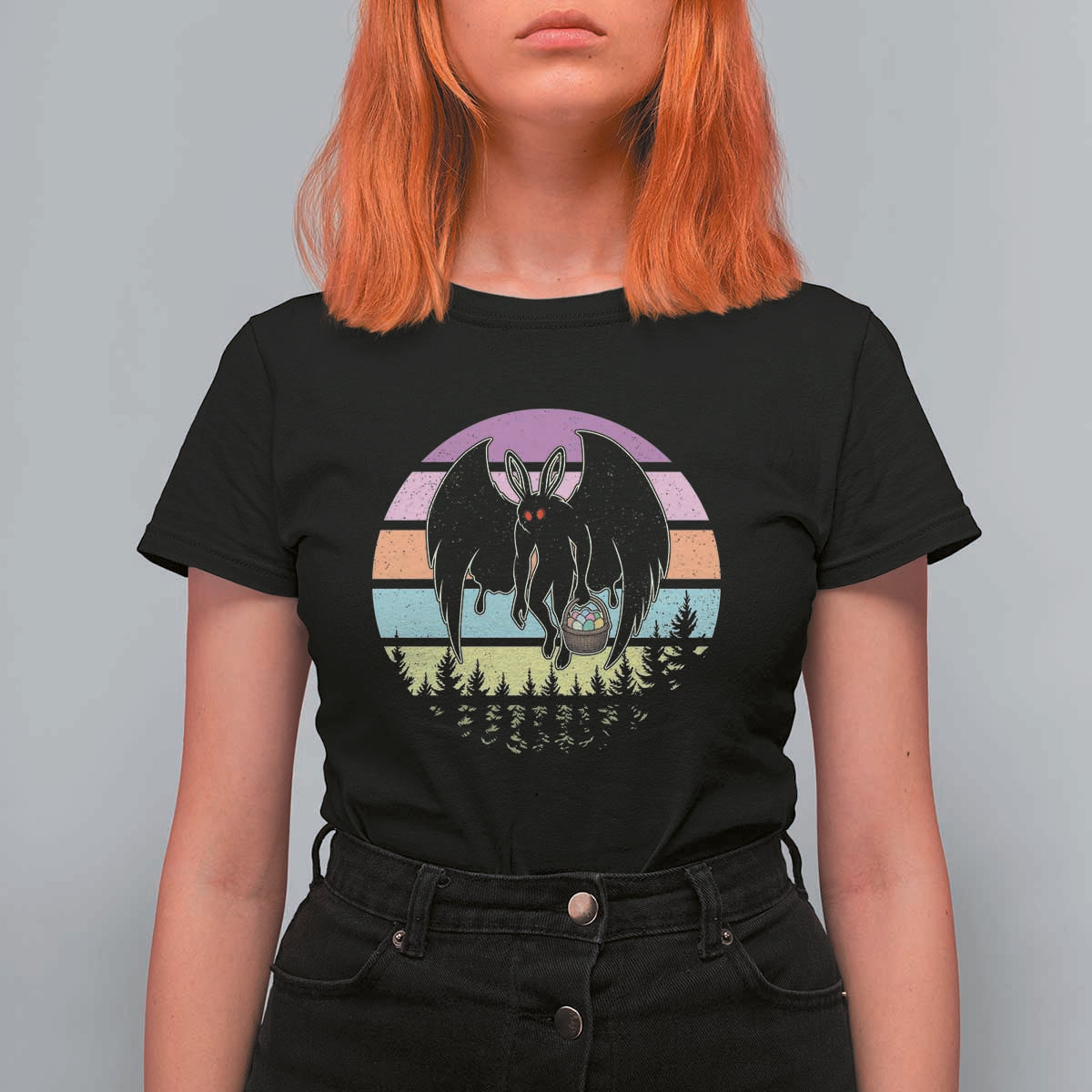 Retro Sunset Mothman Easter Egg Hunt T Shirt For Women Cryptid Lover Gift