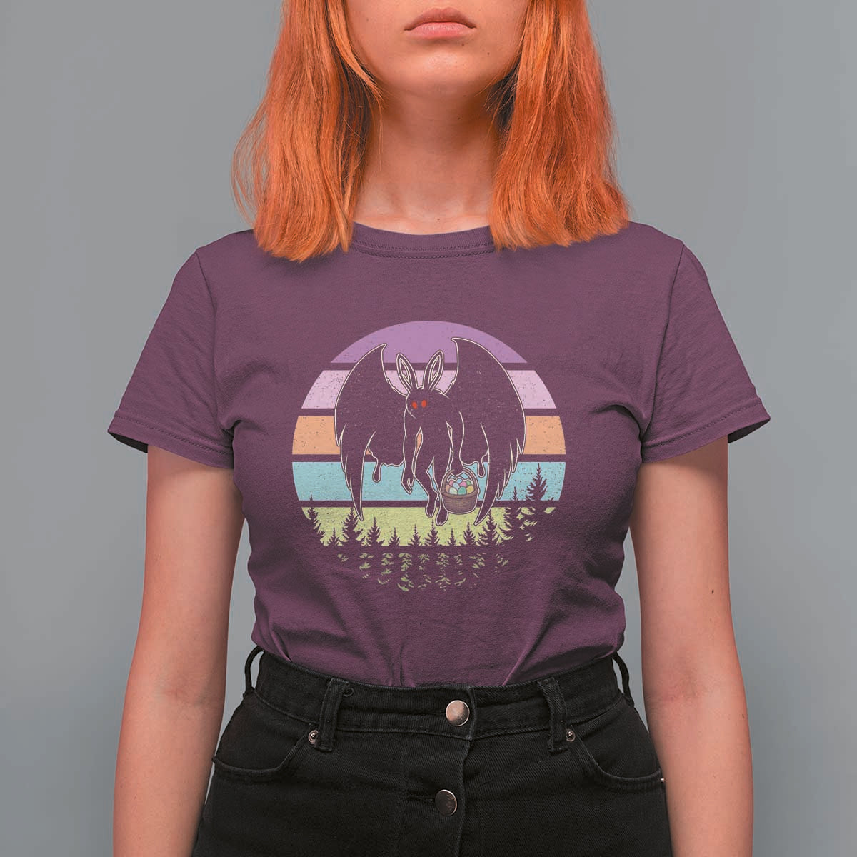 Retro Sunset Mothman Easter Egg Hunt T Shirt For Women Cryptid Lover Gift