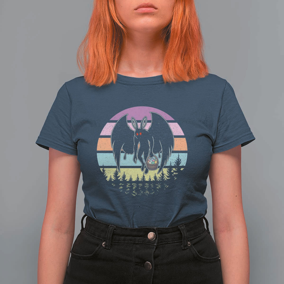 Retro Sunset Mothman Easter Egg Hunt T Shirt For Women Cryptid Lover Gift
