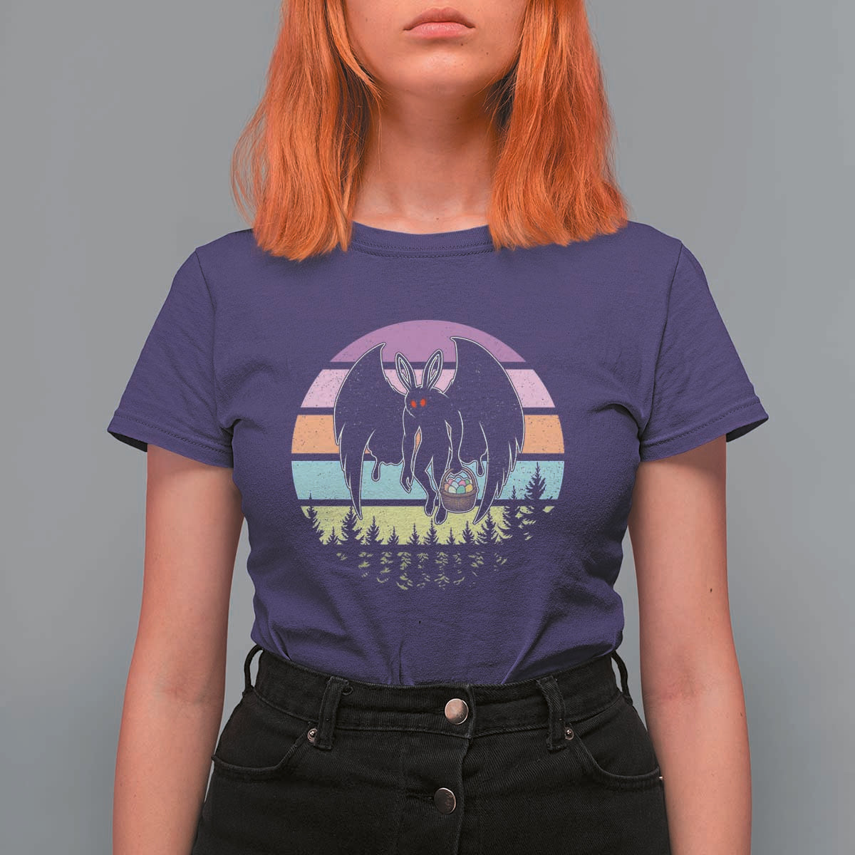 Retro Sunset Mothman Easter Egg Hunt T Shirt For Women Cryptid Lover Gift