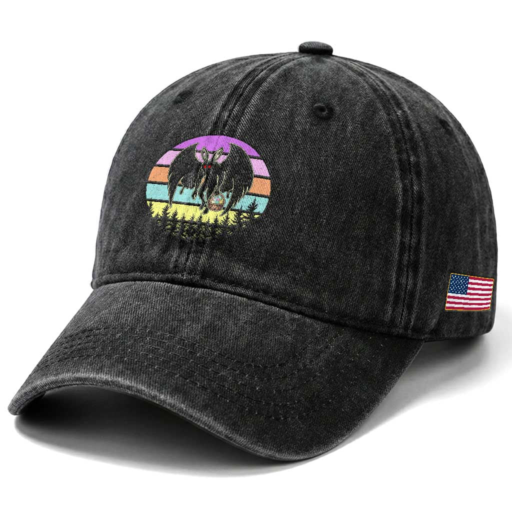 Retro Sunset Mothman Easter Egg Hunt Washed Cotton Baseball Cap Cryptid Lover Gift