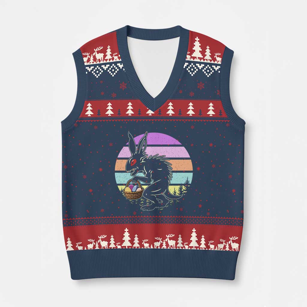 Retro Sunset Chupacabra Easter Egg Hunt V-Neck Knit Sweater Vest Cryptid Lover Gift