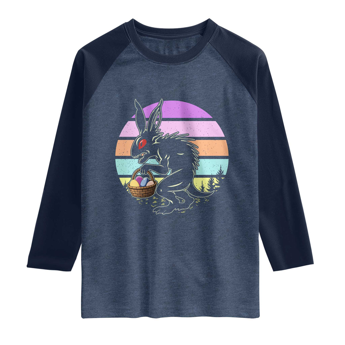 Retro Sunset Chupacabra Easter Egg Hunt Raglan Shirt Cryptid Lover Gift
