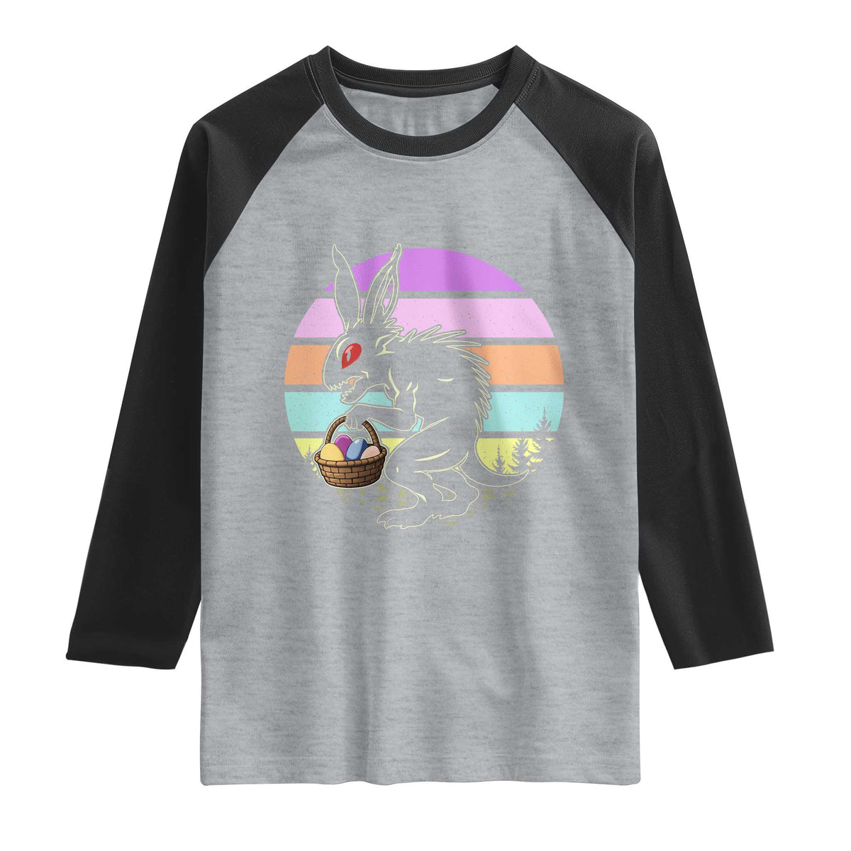 Retro Sunset Chupacabra Easter Egg Hunt Raglan Shirt Cryptid Lover Gift