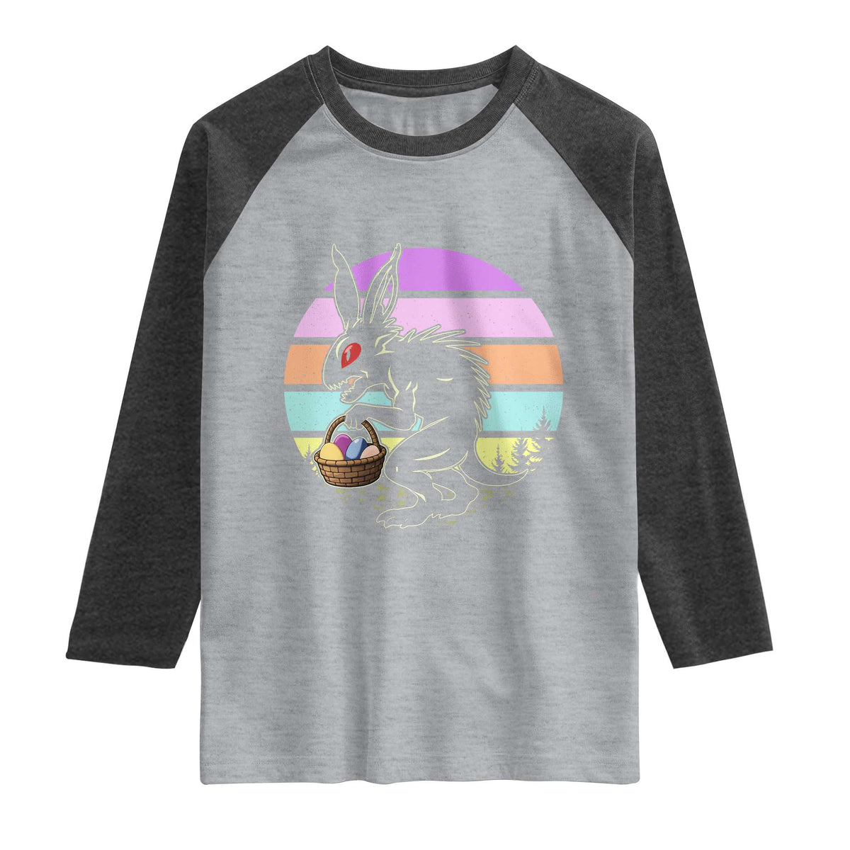 Retro Sunset Chupacabra Easter Egg Hunt Raglan Shirt Cryptid Lover Gift
