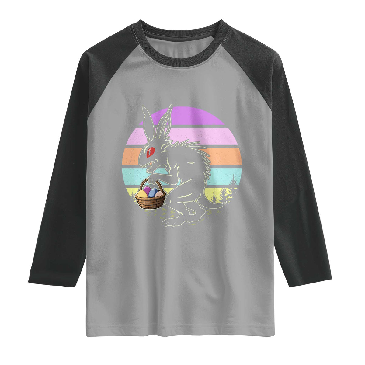Retro Sunset Chupacabra Easter Egg Hunt Raglan Shirt Cryptid Lover Gift