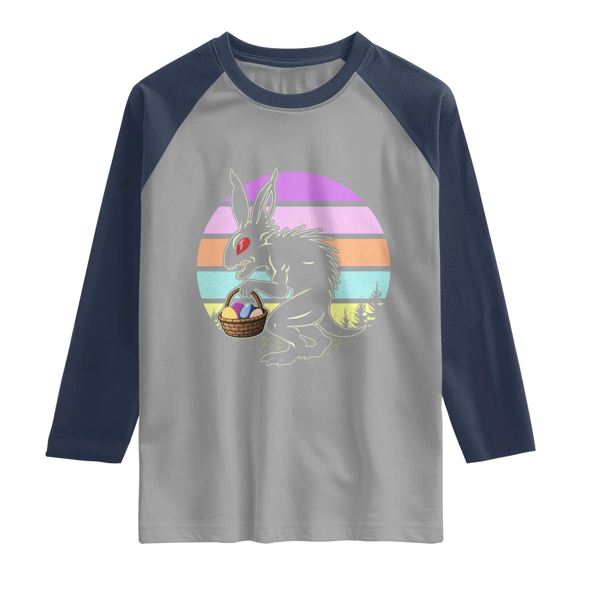Retro Sunset Chupacabra Easter Egg Hunt Raglan Shirt Cryptid Lover Gift