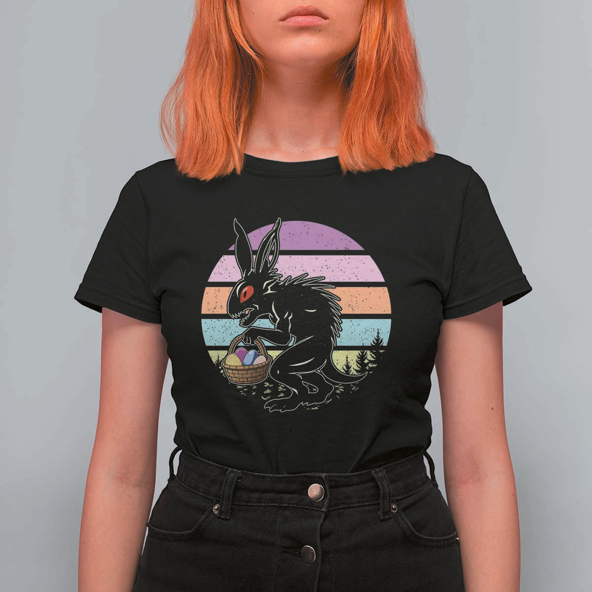 Retro Sunset Chupacabra Easter Egg Hunt T Shirt For Women Cryptid Lover Gift