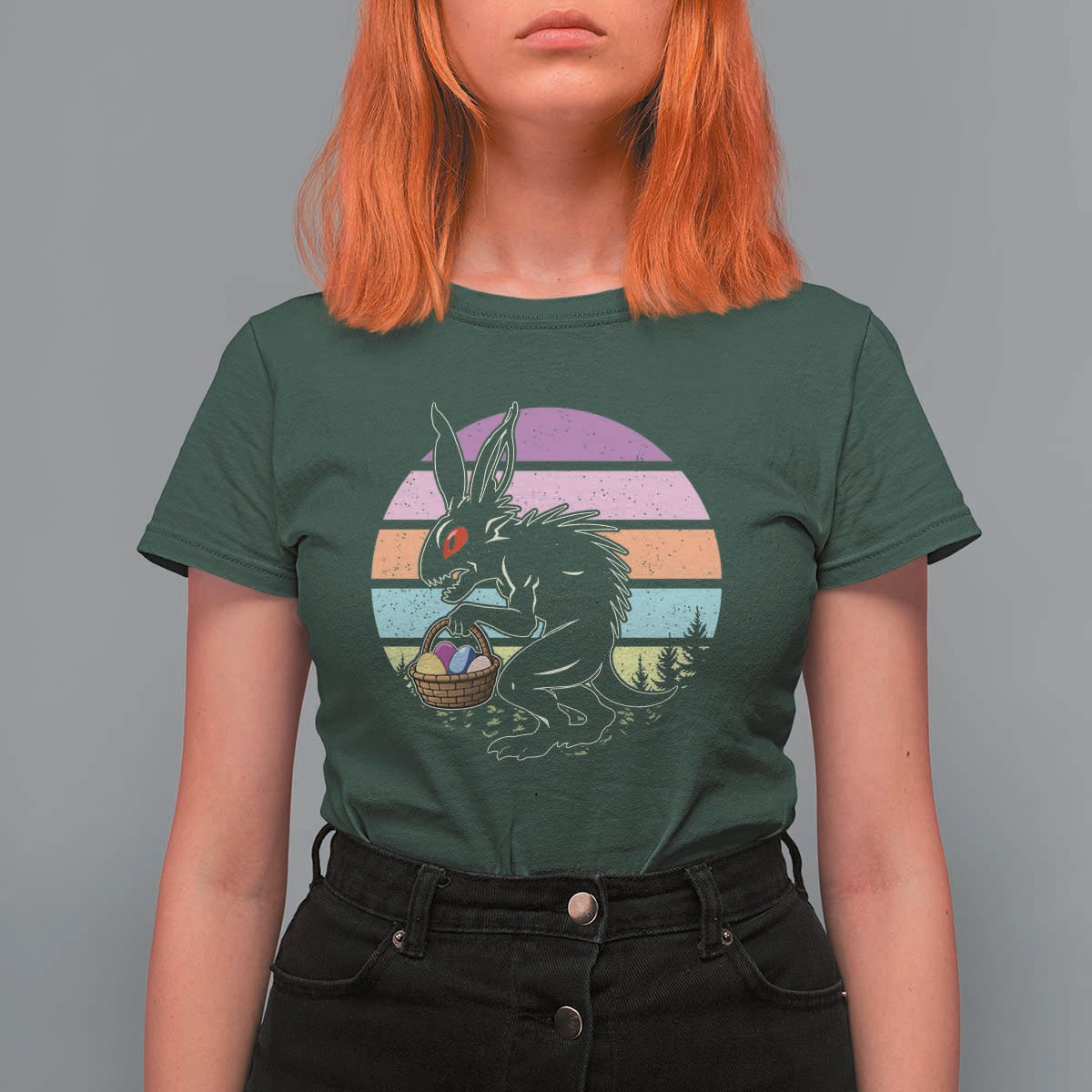 Retro Sunset Chupacabra Easter Egg Hunt T Shirt For Women Cryptid Lover Gift