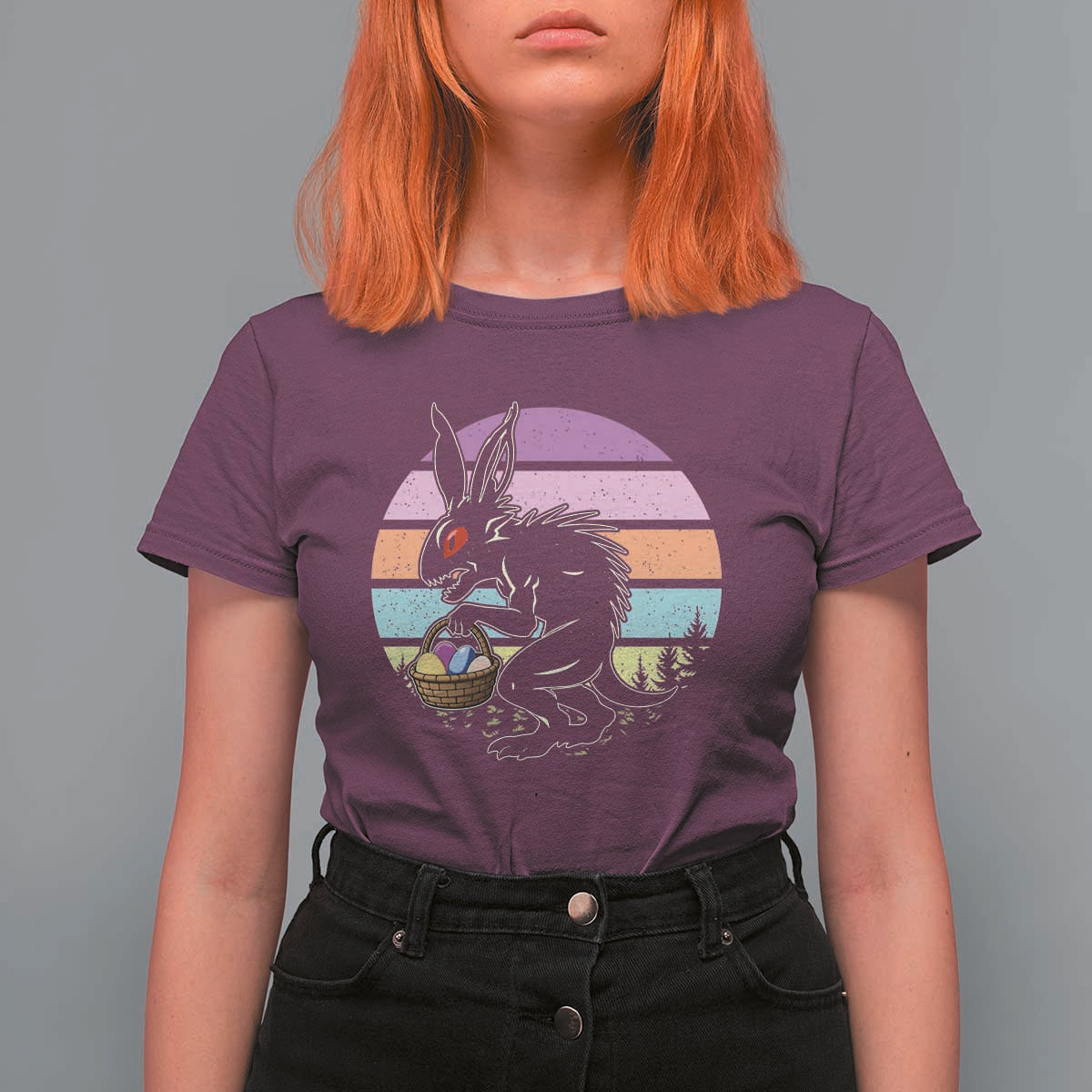 Retro Sunset Chupacabra Easter Egg Hunt T Shirt For Women Cryptid Lover Gift