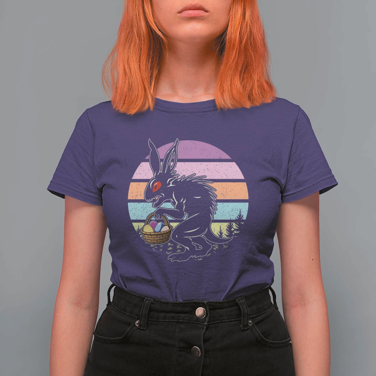 Retro Sunset Chupacabra Easter Egg Hunt T Shirt For Women Cryptid Lover Gift