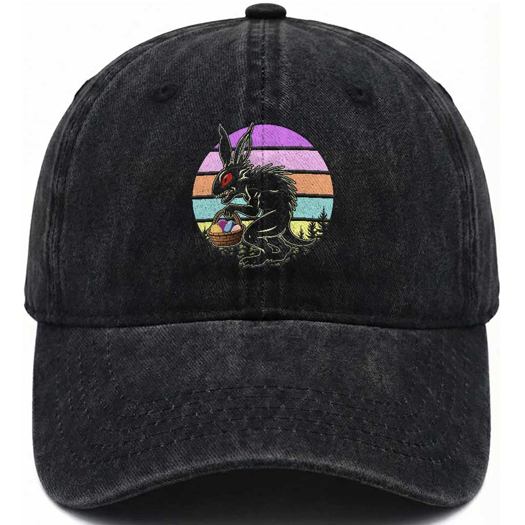 Retro Sunset Chupacabra Easter Egg Hunt Washed Cotton Baseball Cap Cryptid Lover Gift