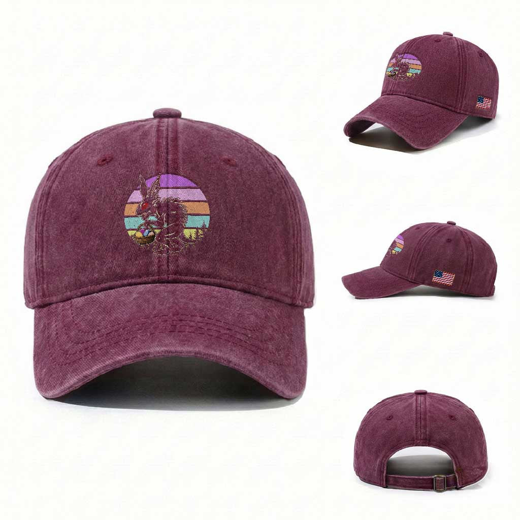Retro Sunset Chupacabra Easter Egg Hunt Washed Cotton Baseball Cap Cryptid Lover Gift