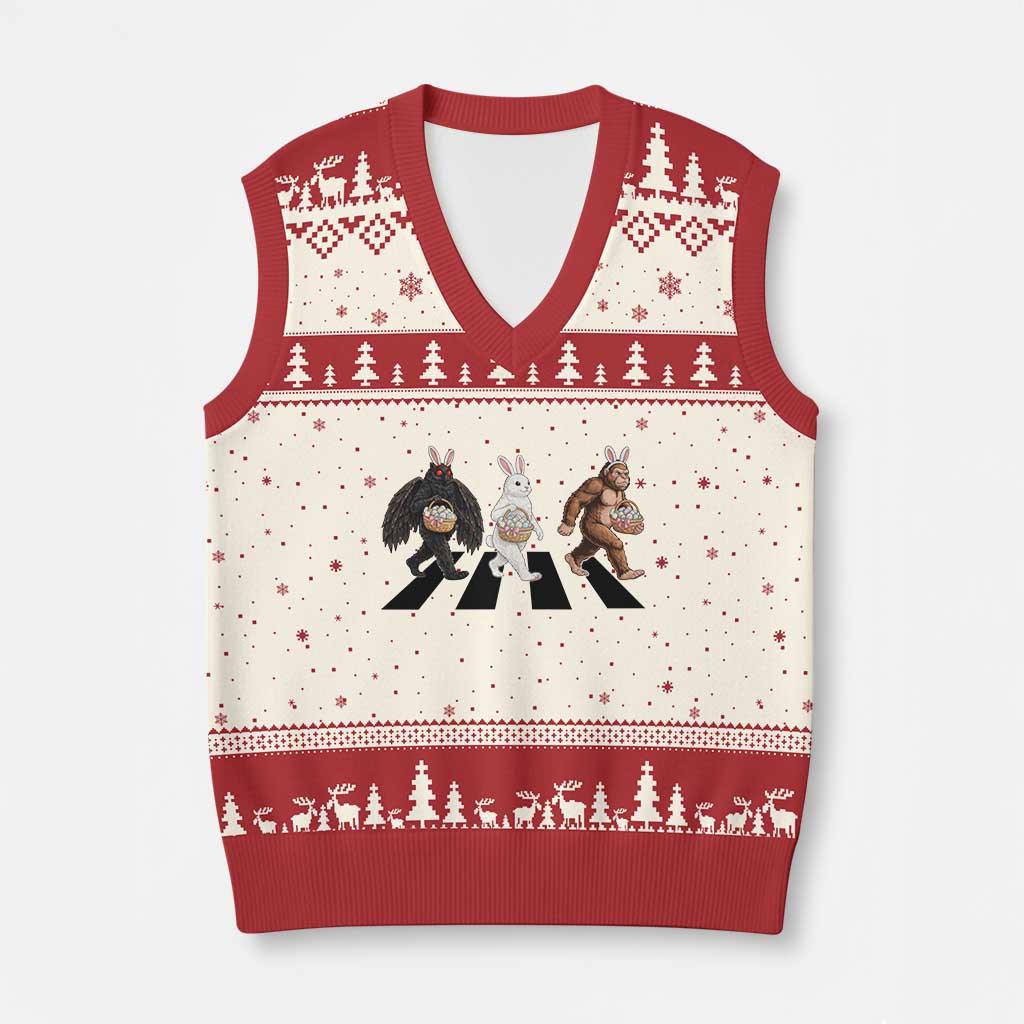 Funny Easter Bunny Bigfoot Mothman V-Neck Knit Sweater Vest Cryptid Lover Gift