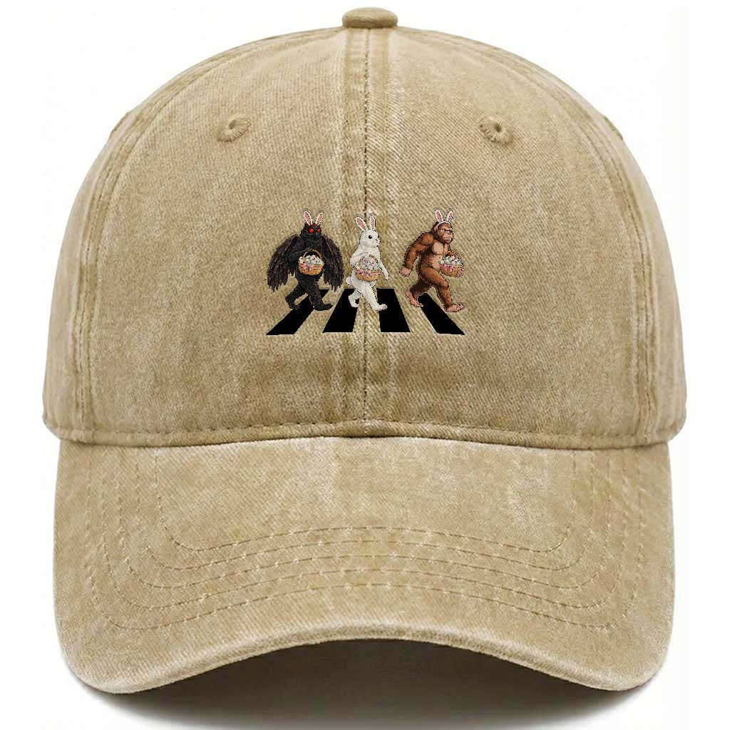Funny Easter Bunny Bigfoot Mothman Washed Cotton Baseball Cap Cryptid Lover Gift