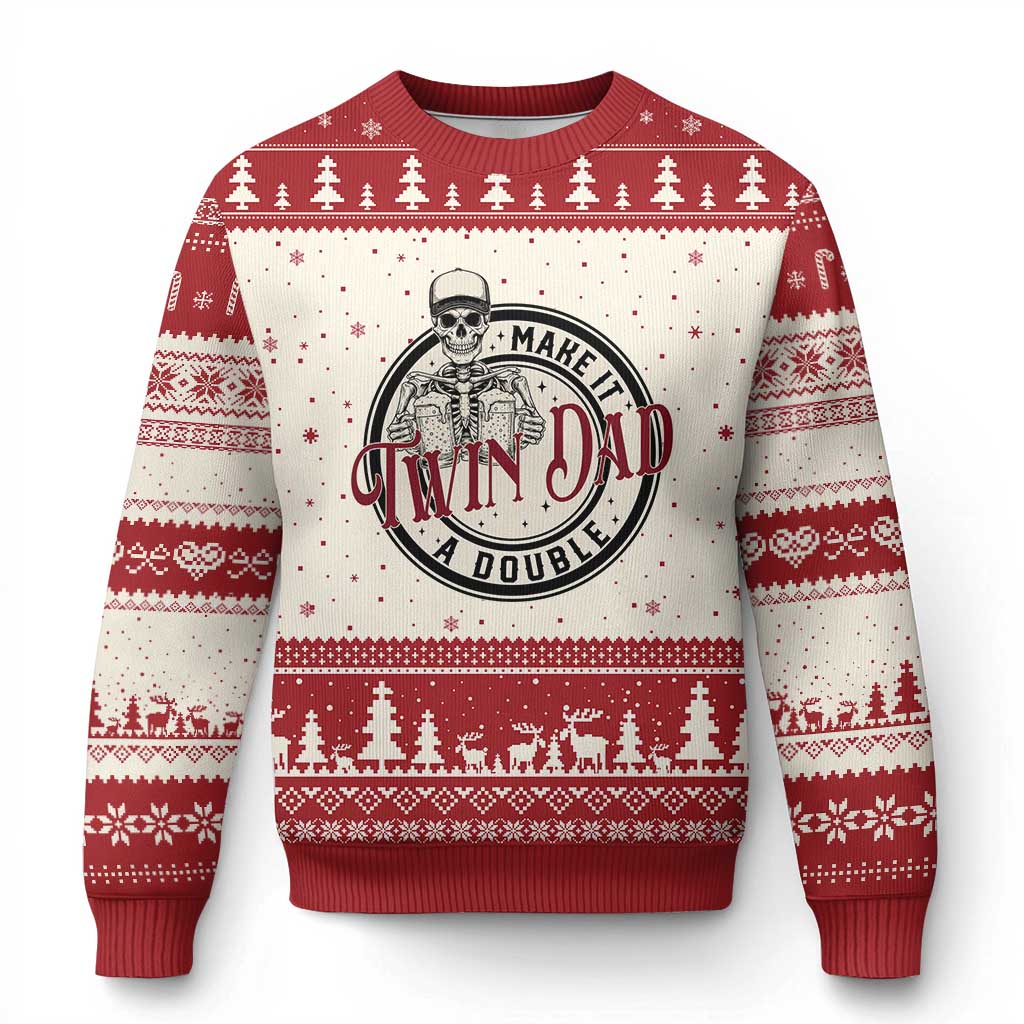 Funny Skeleton Twin Dad Make It A Double Ugly Christmas Sweater Expecting Fathers Day Gift