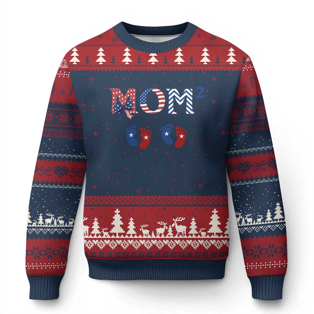 Patriotic Twin Mom Announcement American Flag Gift Ugly Christmas Sweater