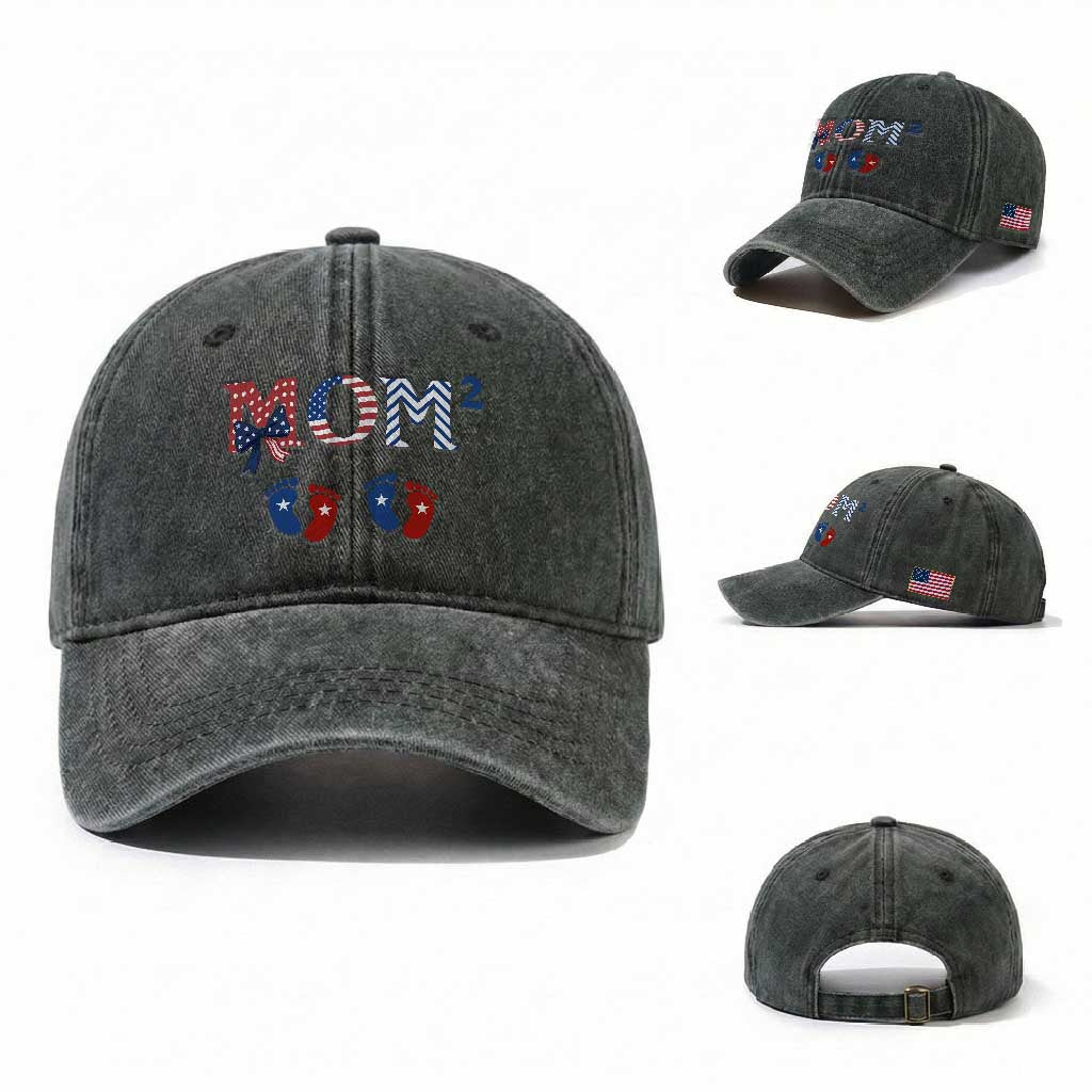 Patriotic Twin Mom Announcement American Flag Gift Washed Cotton Baseball Cap