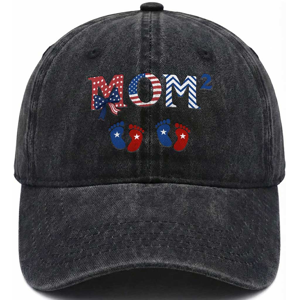 Patriotic Twin Mom Announcement American Flag Gift Washed Cotton Baseball Cap