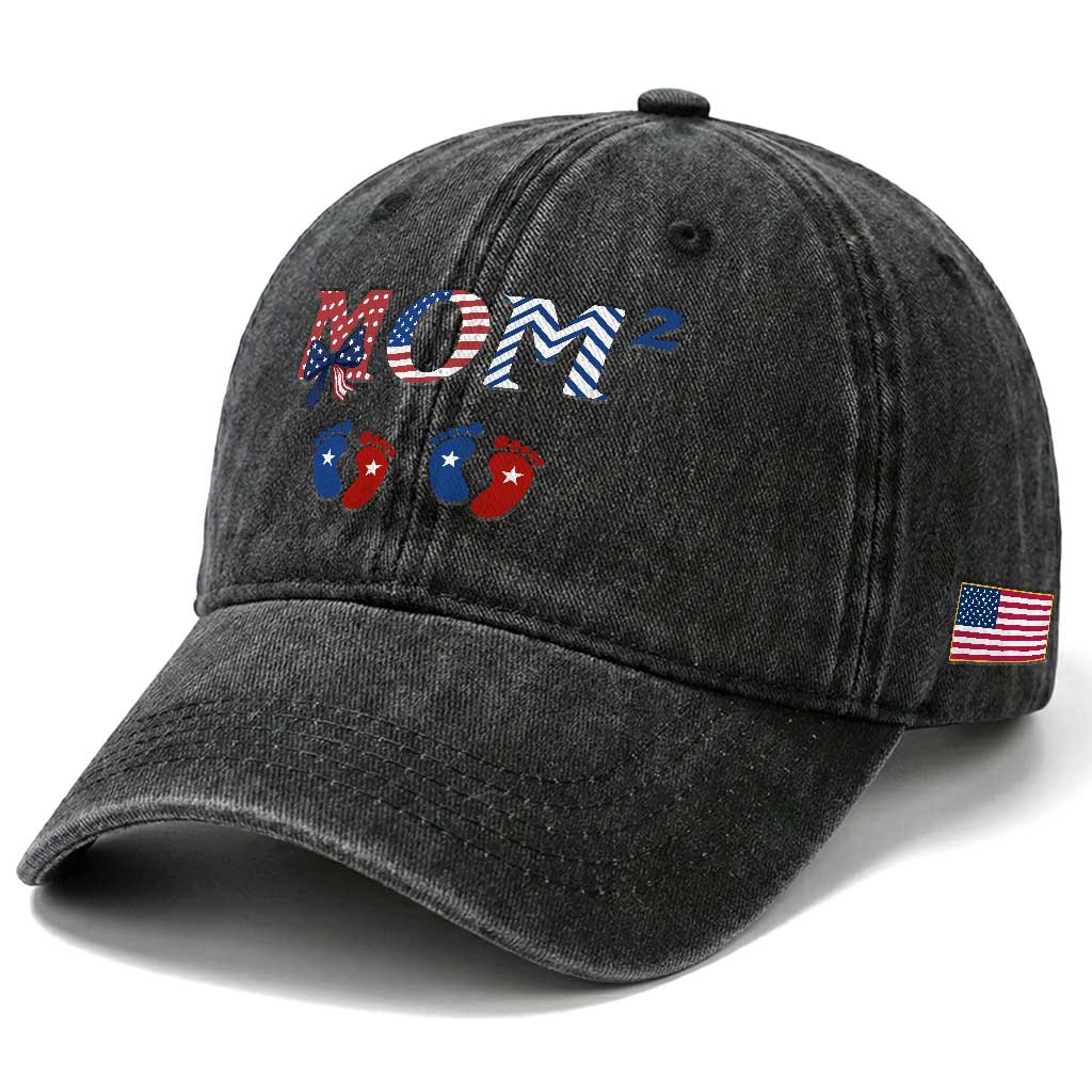 Patriotic Twin Mom Announcement American Flag Gift Washed Cotton Baseball Cap