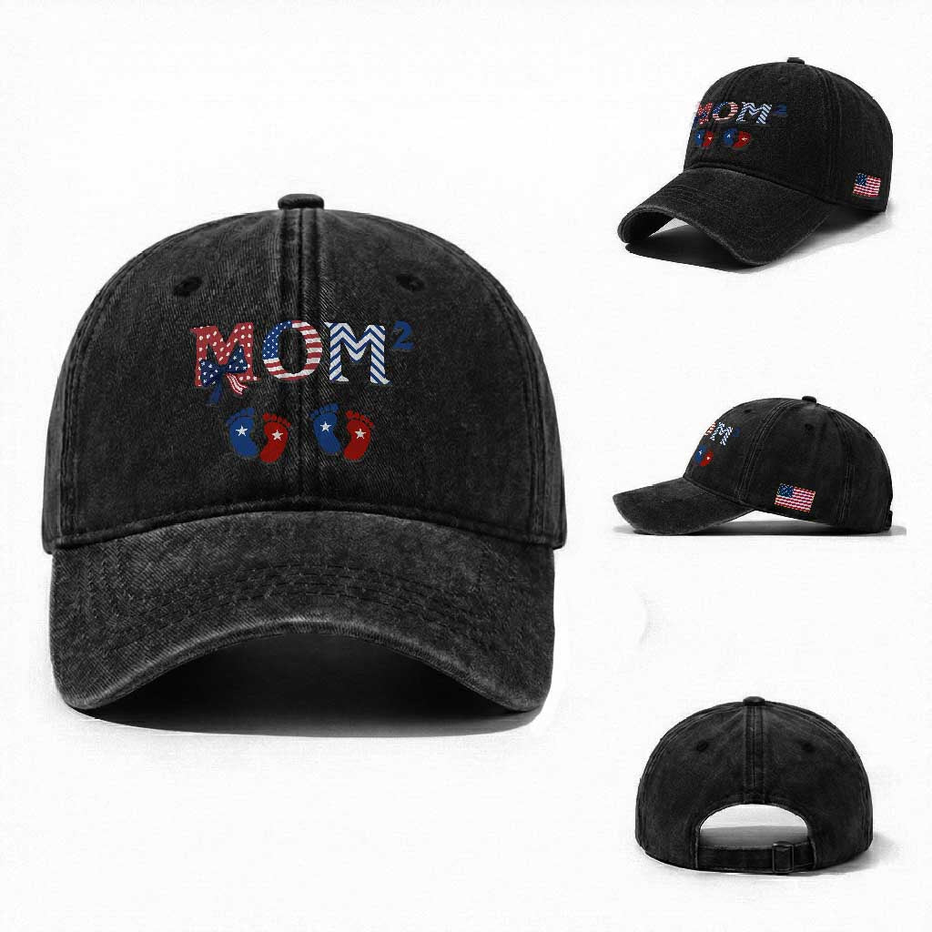 Patriotic Twin Mom Announcement American Flag Gift Washed Cotton Baseball Cap