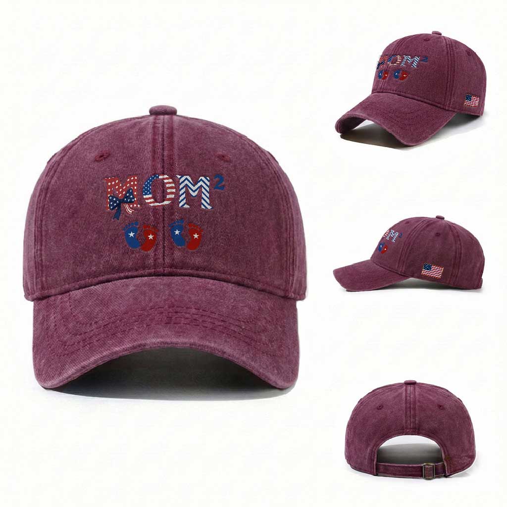 Patriotic Twin Mom Announcement American Flag Gift Washed Cotton Baseball Cap