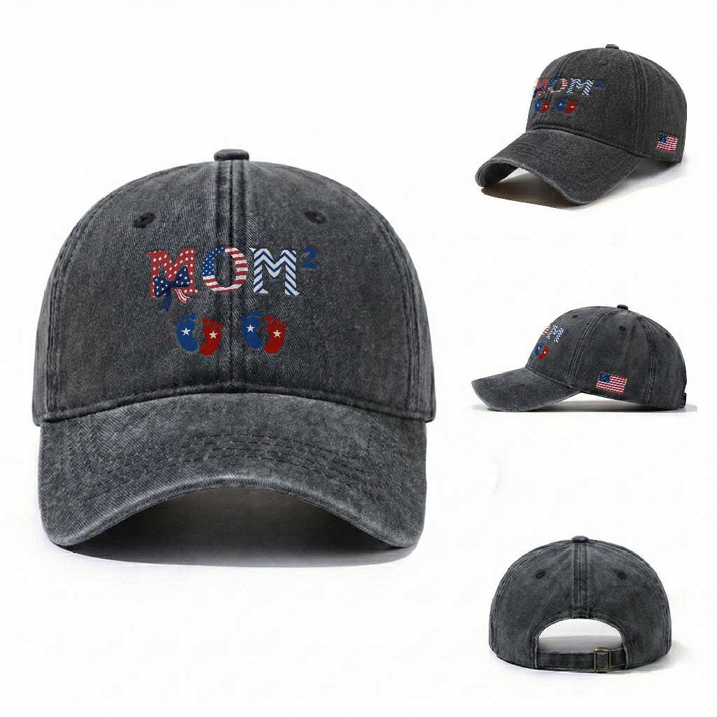 Patriotic Twin Mom Announcement American Flag Gift Washed Cotton Baseball Cap