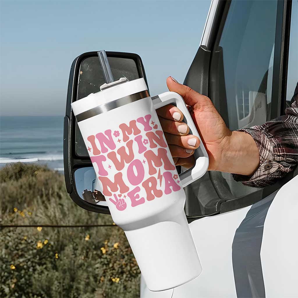 In My Twin Mom Era Tumbler With Handle Funny Mama Twin Pregnancy Announcement