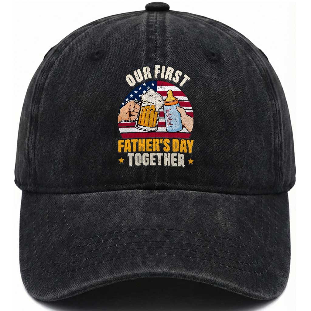 Patriotic Our First Fathers Day Together Washed Cotton Baseball Cap Gift For New Dad