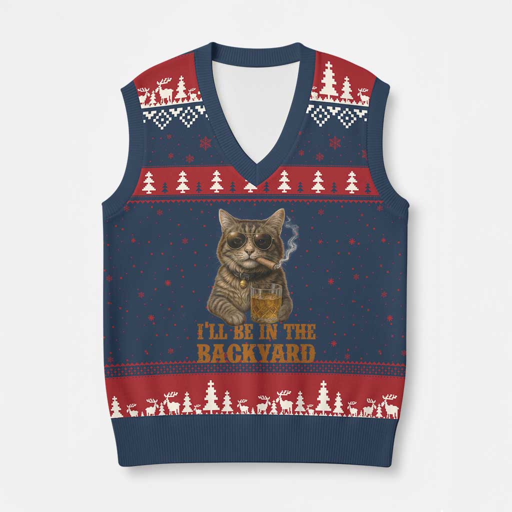Funny Cat Bourbon Lover V-Neck Knit Sweater Vest I Will Be In The Backyard Cigar Meme - Wonder Print Shop
