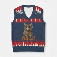 Funny Cat Bourbon Lover V-Neck Knit Sweater Vest I Will Be In The Backyard Cigar Meme - Wonder Print Shop