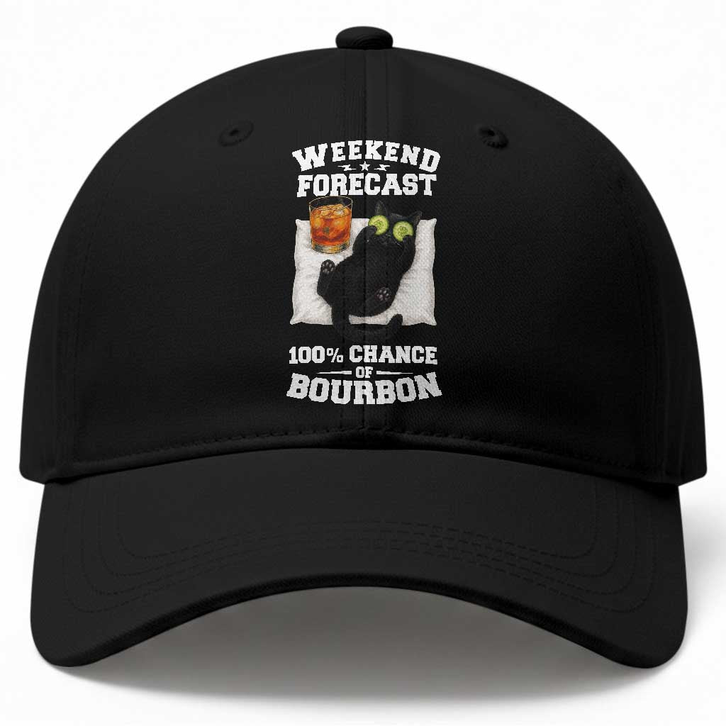 Funny Cat Drinking Baseball Cap Weekend Forecast 100% Chance Of Bourbon