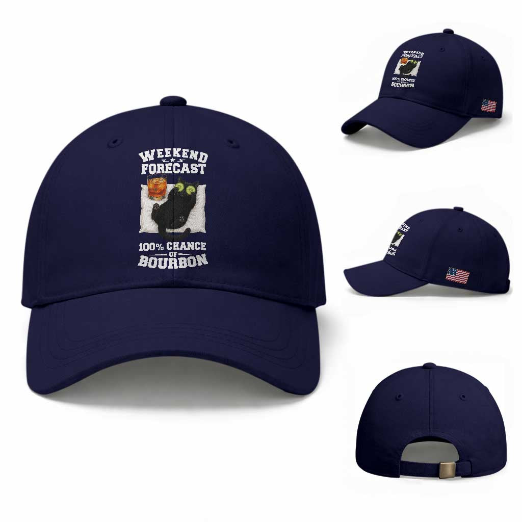 Funny Cat Drinking Baseball Cap Weekend Forecast 100% Chance Of Bourbon