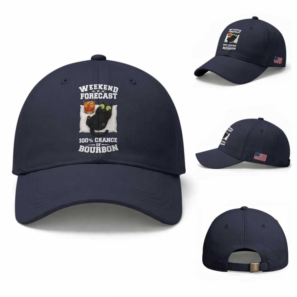Funny Cat Drinking Baseball Cap Weekend Forecast 100% Chance Of Bourbon