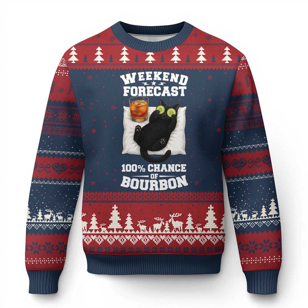 Funny Cat Drinking Ugly Christmas Sweater Weekend Forecast 100% Chance Of Bourbon - Wonder Print Shop