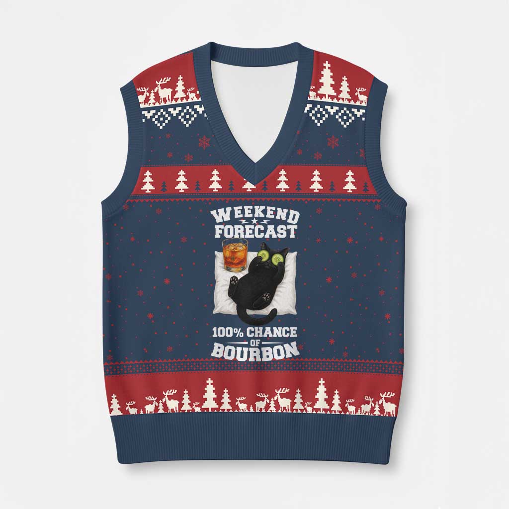 Funny Cat Drinking V-Neck Knit Sweater Vest Weekend Forecast 100% Chance Of Bourbon - Wonder Print Shop
