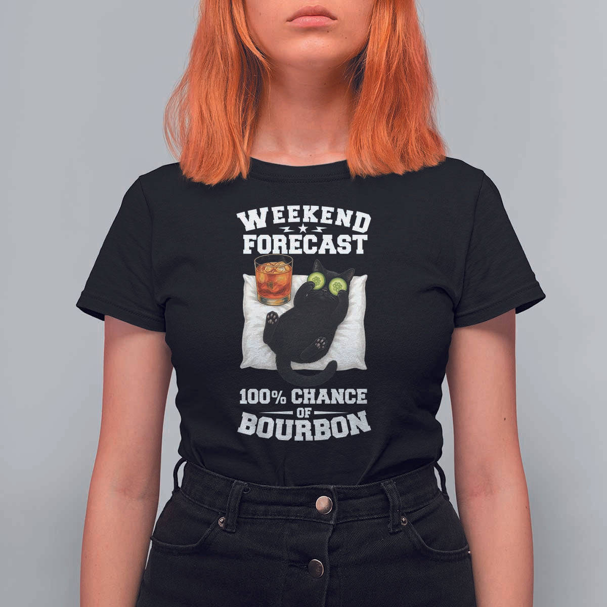 Funny Cat Drinking T Shirt For Women Weekend Forecast 100% Chance Of Bourbon - Wonder Print Shop