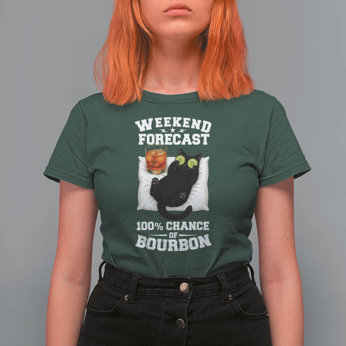 Funny Cat Drinking T Shirt For Women Weekend Forecast 100% Chance Of Bourbon - Wonder Print Shop