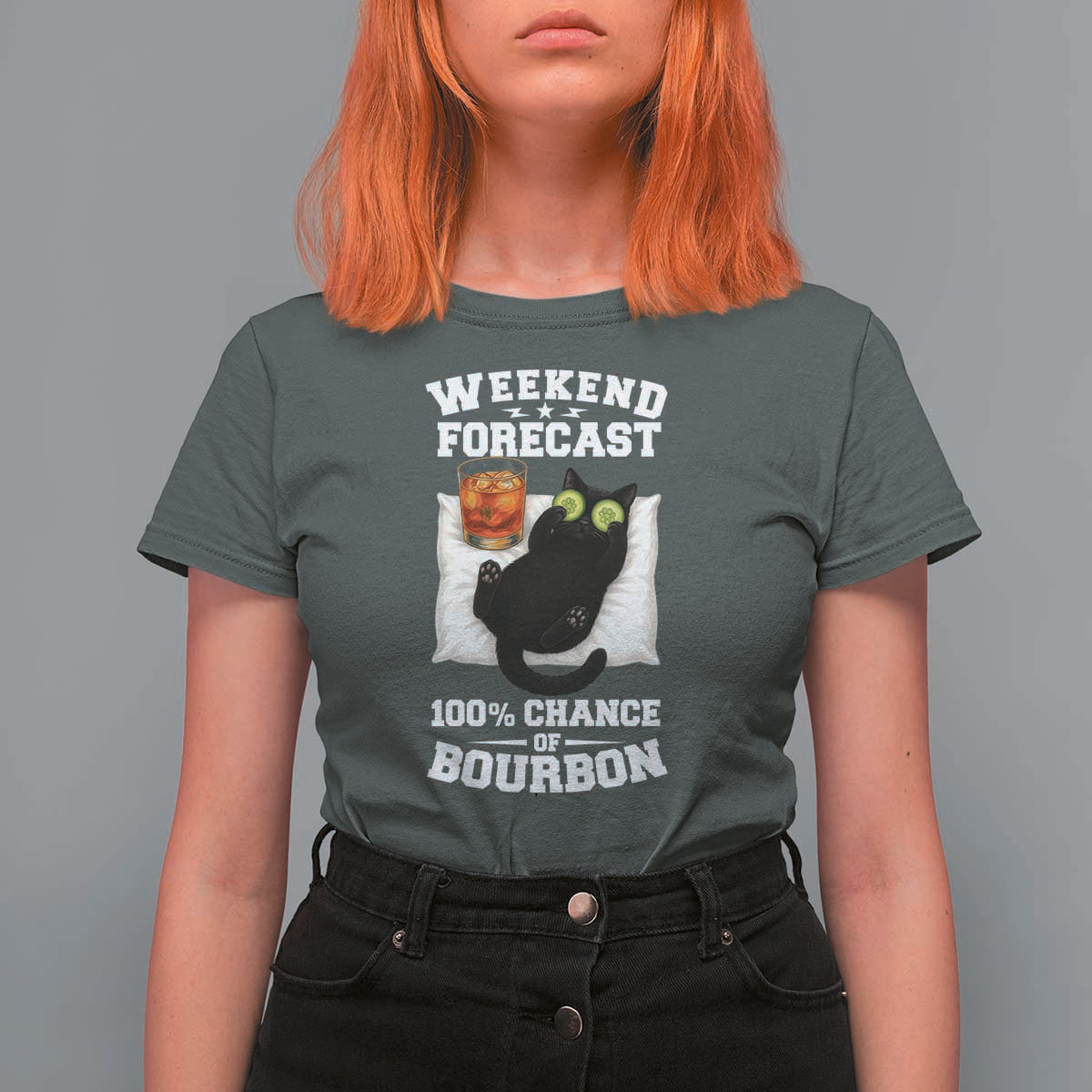 Funny Cat Drinking T Shirt For Women Weekend Forecast 100% Chance Of Bourbon - Wonder Print Shop