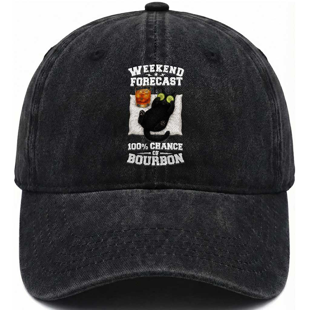 Funny Cat Drinking Washed Cotton Baseball Cap Weekend Forecast 100% Chance Of Bourbon