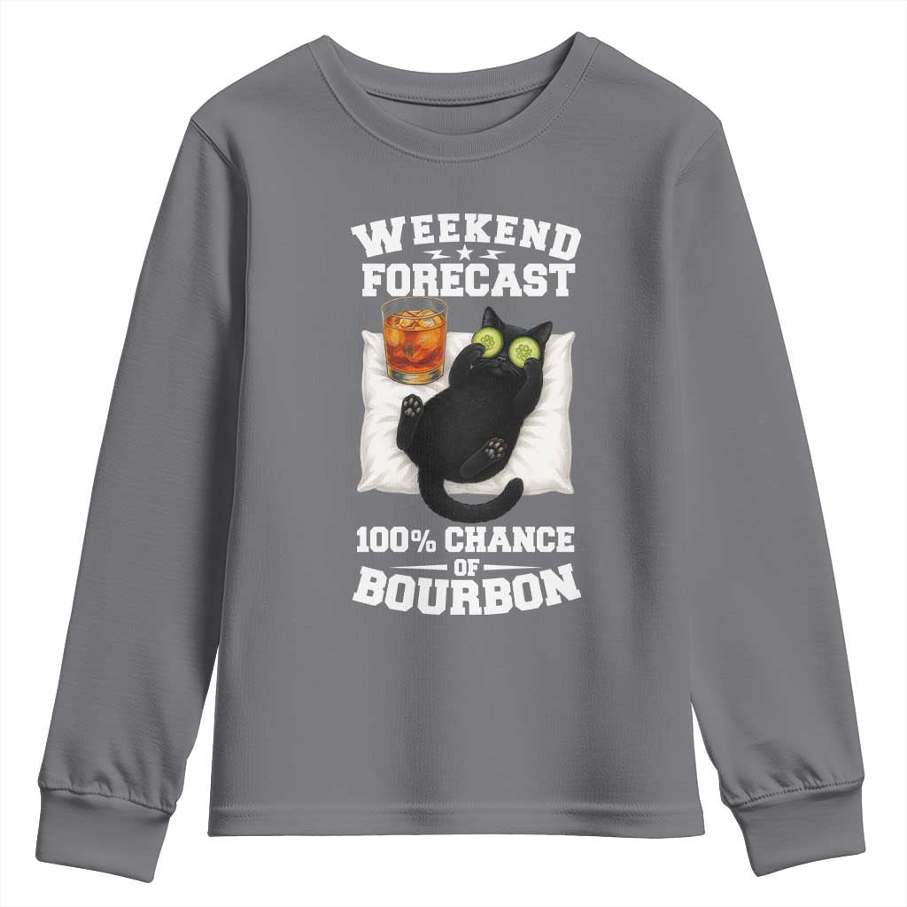 Funny Cat Drinking Youth Sweatshirt Weekend Forecast 100% Chance Of Bourbon - Wonder Print Shop