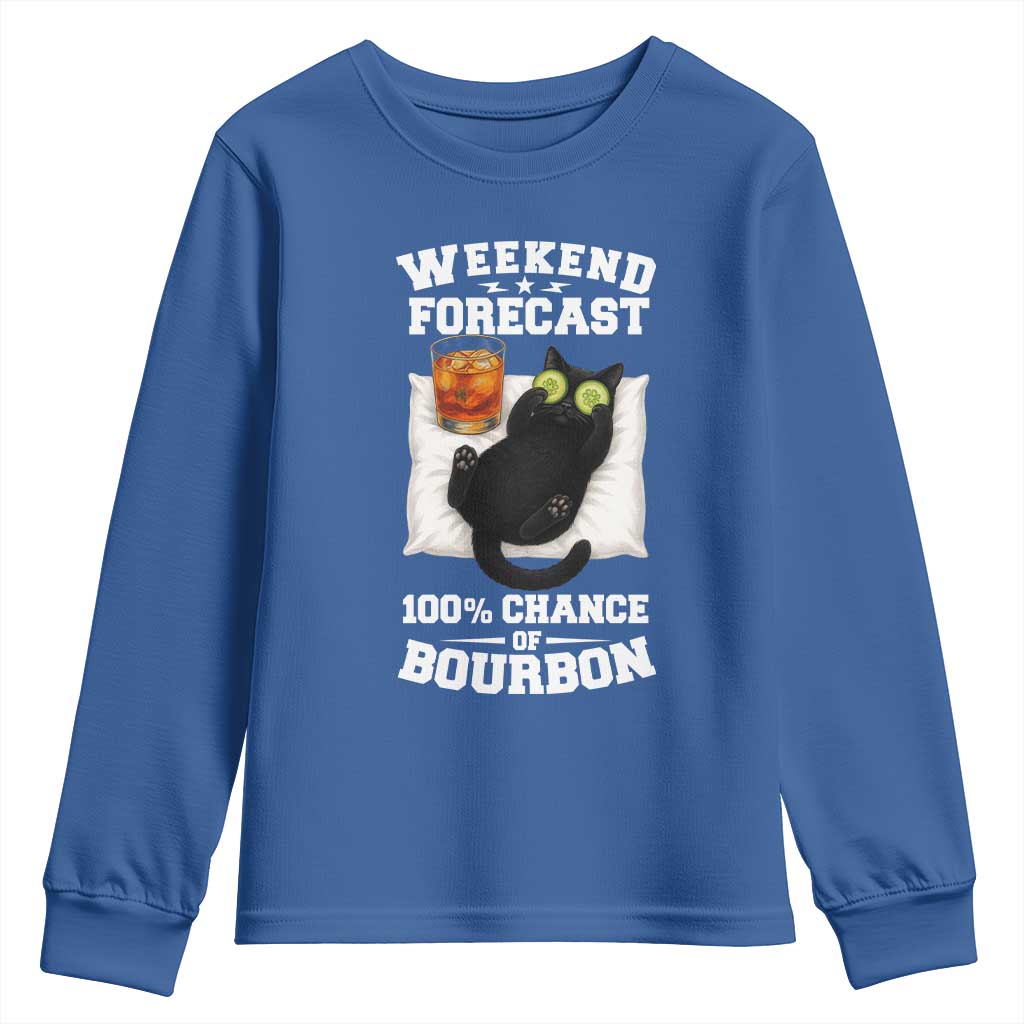 Funny Cat Drinking Youth Sweatshirt Weekend Forecast 100% Chance Of Bourbon - Wonder Print Shop