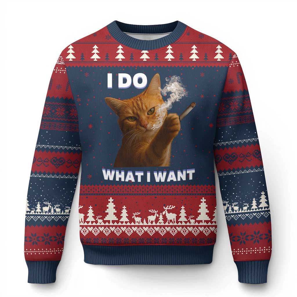 Funny Smoking Cat Ugly Christmas Sweater I Do What I Want Sarcastic Cats Meme - Wonder Print Shop