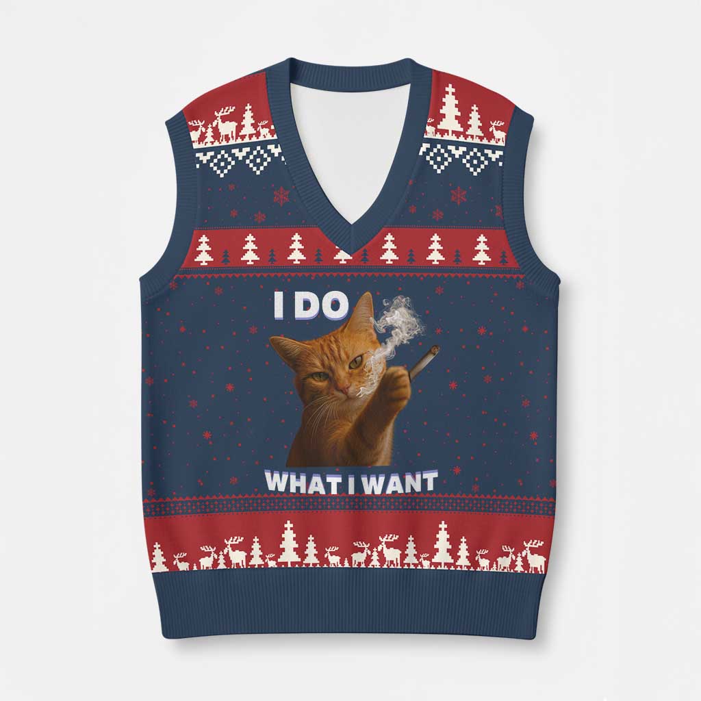 Funny Smoking Cat V-Neck Knit Sweater Vest I Do What I Want Sarcastic Cats Meme - Wonder Print Shop
