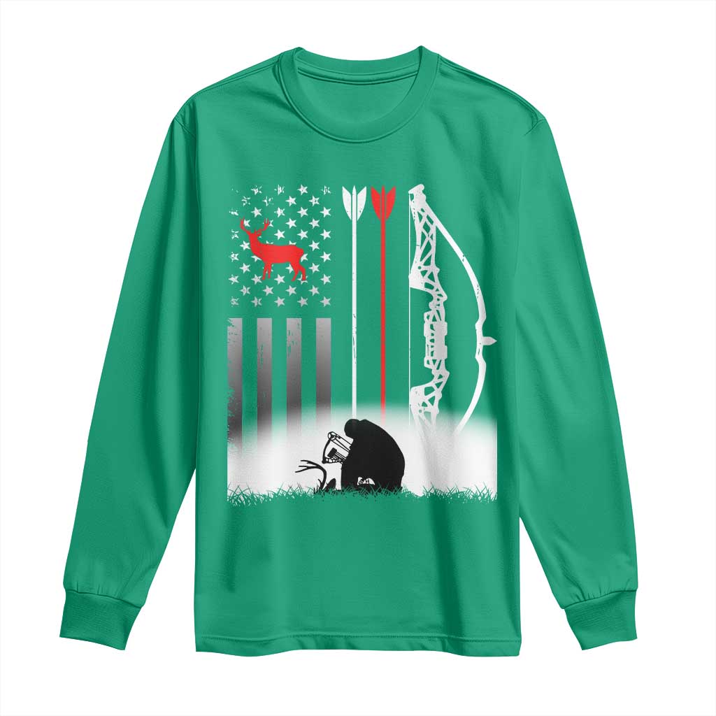 Bow Deer Hunting Long Sleeve Shirt American Flag Hunter Gift - Wonder Print Shop