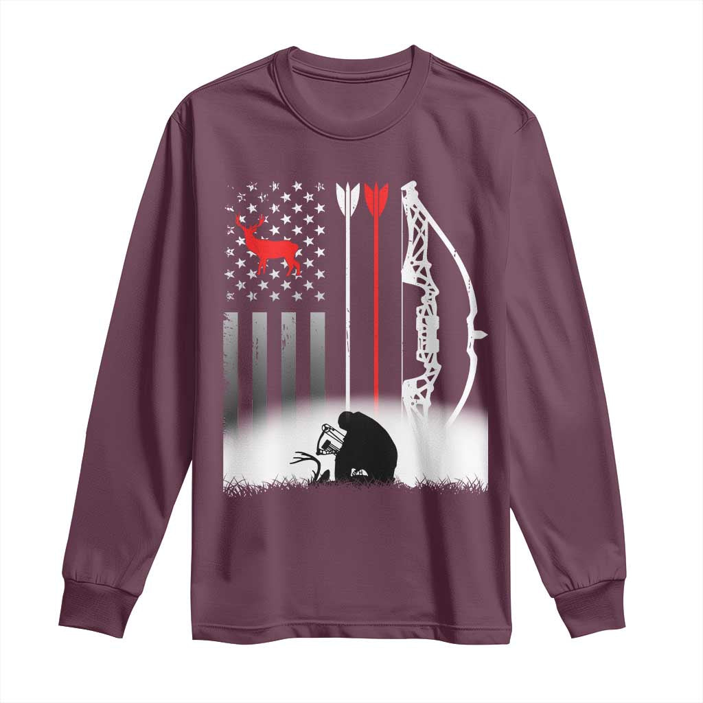Bow Deer Hunting Long Sleeve Shirt American Flag Hunter Gift - Wonder Print Shop