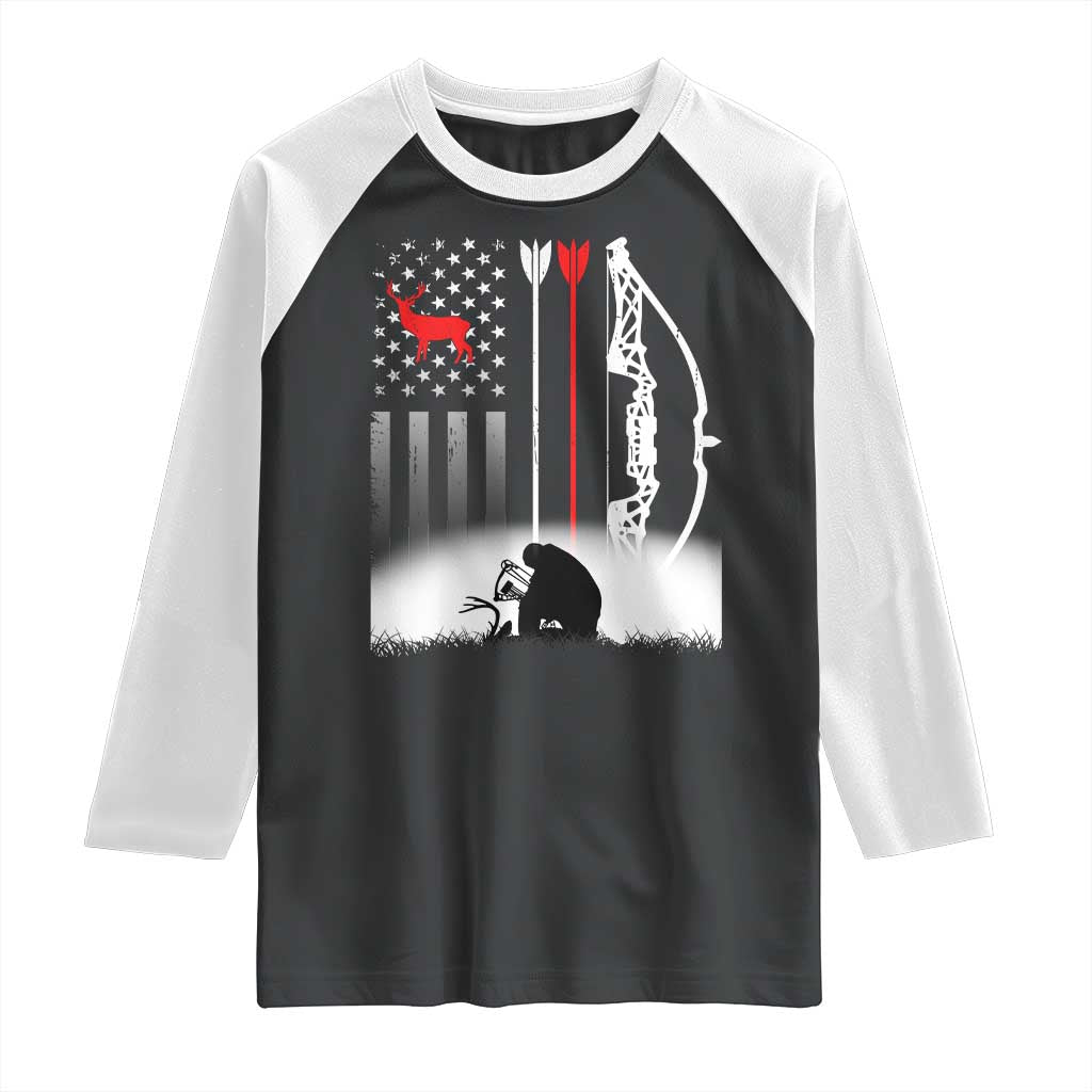 Bow Deer Hunting Raglan Shirt American Flag Hunter Gift - Wonder Print Shop