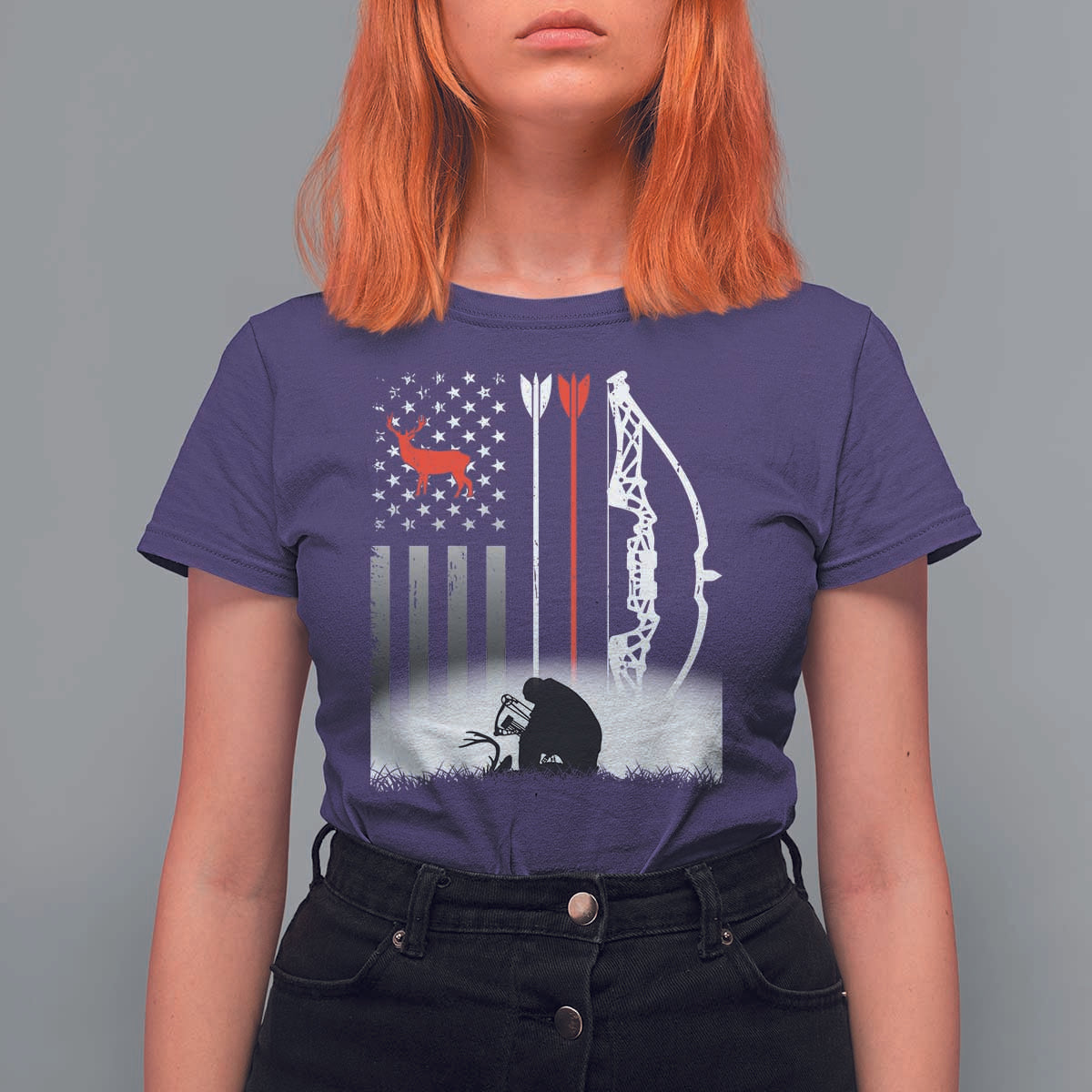 Bow Deer Hunting T Shirt For Women American Flag Hunter Gift - Wonder Print Shop