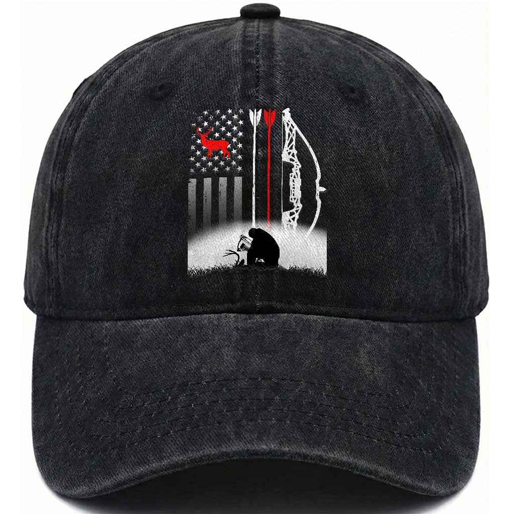 Bow Deer Hunting Washed Cotton Baseball Cap American Flag Hunter Gift